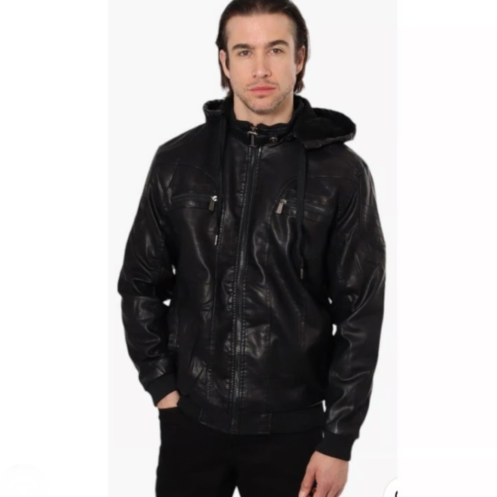 Projek Raw Men’s Vegan Leather Black Moto Jacket With Removable Hood, Large